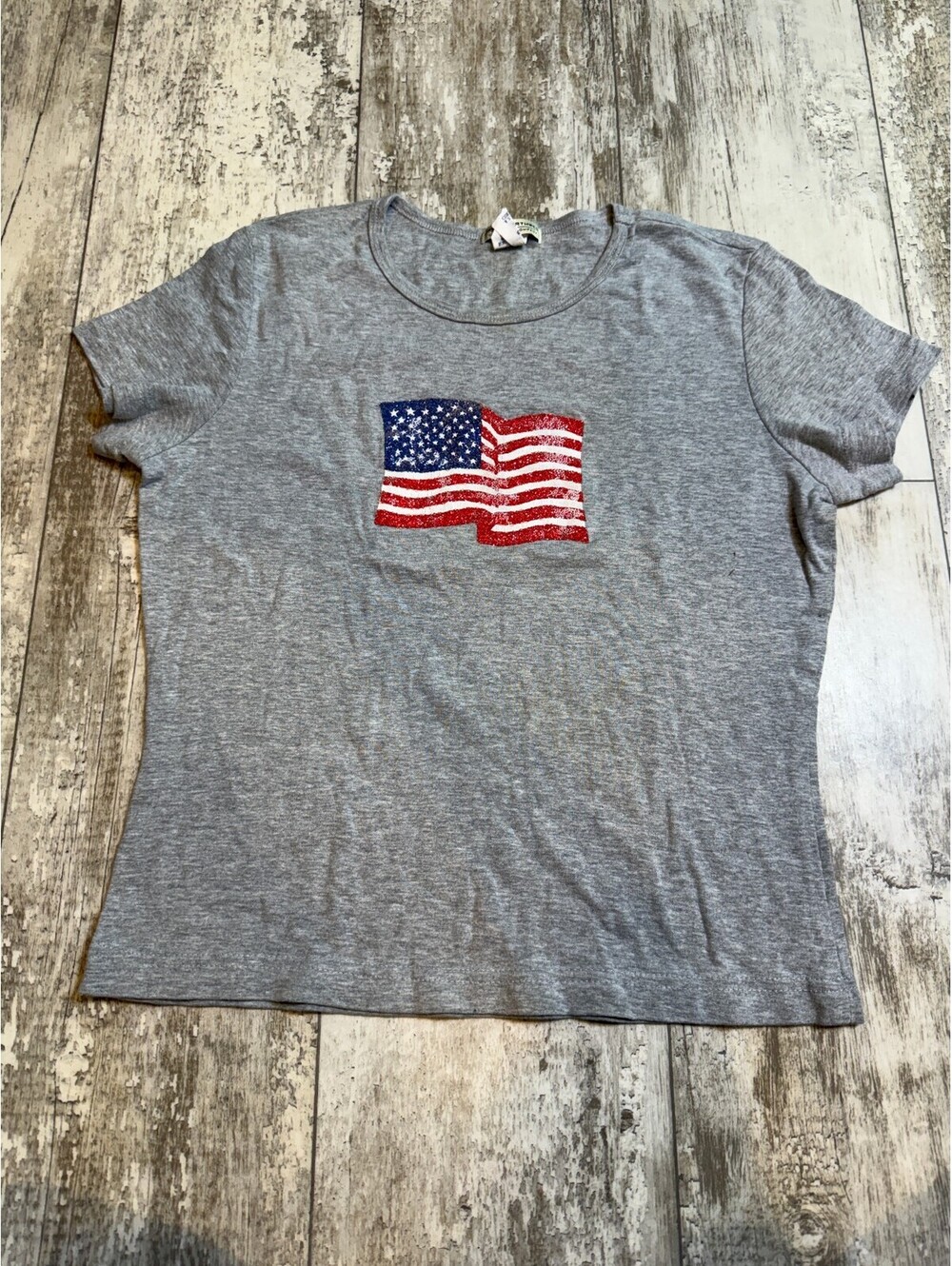 Great Northwest Womens L Gray American Flag T Shirt Made USA